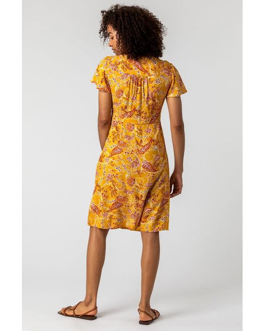 Roman Yellow Paisley Print Twist Knot Dress