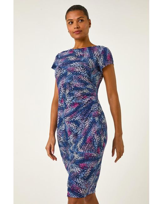 Roman Blue Abstract Print Gathered Shift Dress