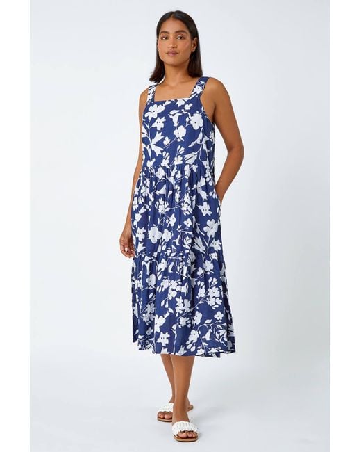 Roman Blue Sleeveless Cotton Floral Midi Dress