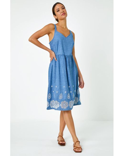 Roman Blue Sleeveless Cotton Embroidered Midi Dress