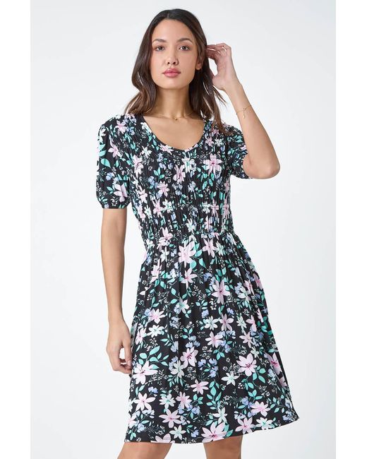 Roman Black Floral Print Shirred Stretch Dress