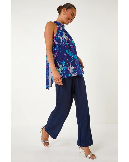 Roman Petite Blue Abstract Halter Neck Overlay Jumpsuit