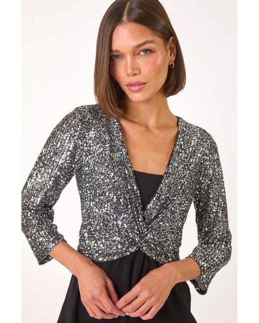 Roman Gray Sequin Bodice V-Neck Stretch Top