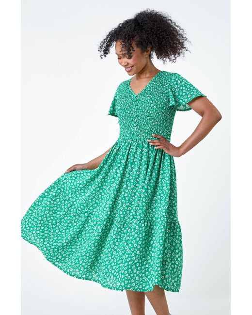 Roman Green Originals Petite Ditsy Floral Shirred Midi Dress