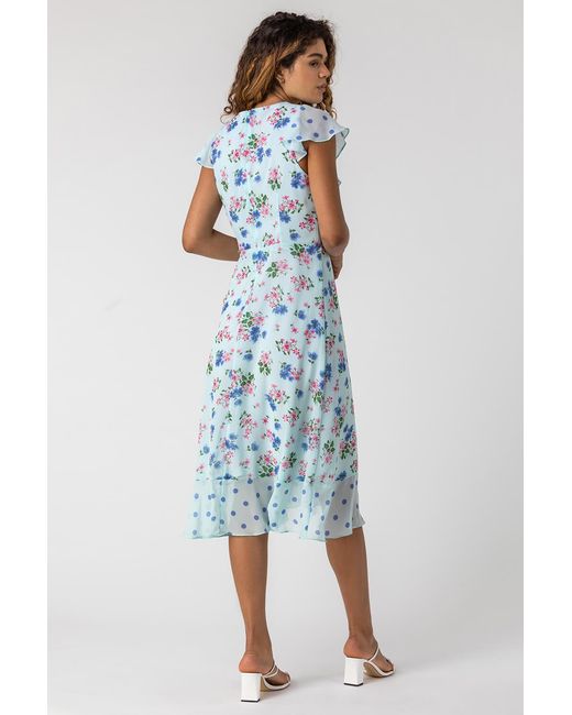 Roman Blue Floral Spot Print Frill Wrap Dress