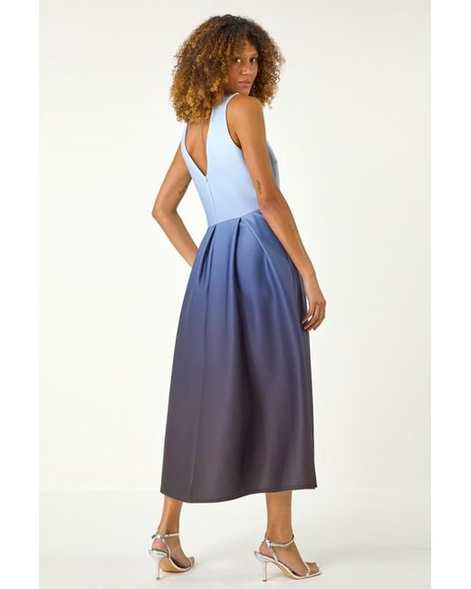 Roman Blue Ombre Pleated Luxe Stretch Midi Dress