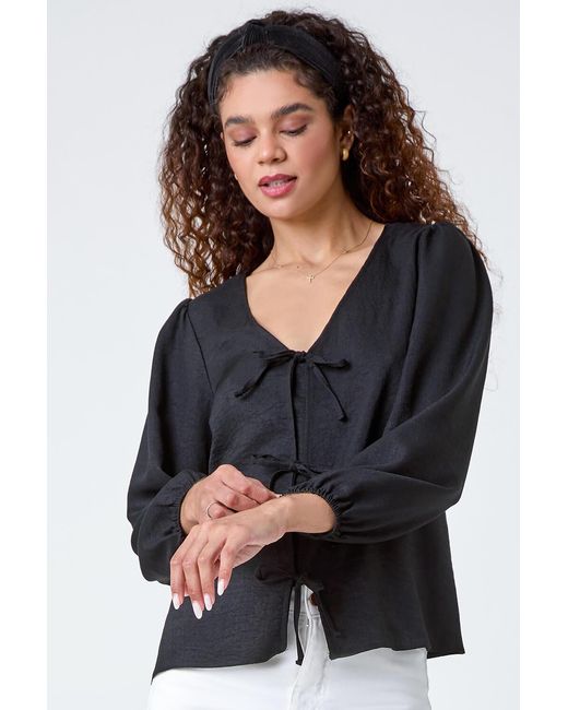 Roman Black Tie Front Woven Top