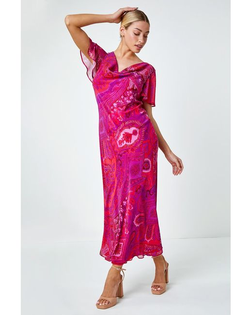 D.u.s.k Pink Paisley Print Cowl Neck Dress