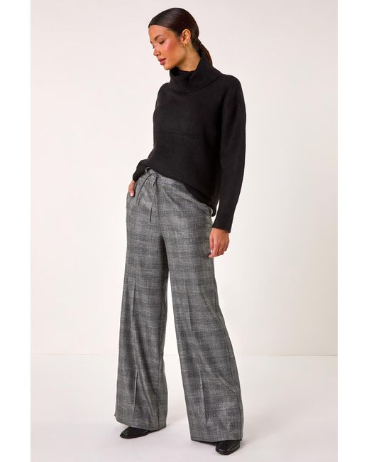 Roman Gray Check Print Tie Front Wide Leg Trouser