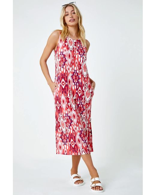 D.u.s.k Red Sleeveless Aztec Print Midi Stretch Dress