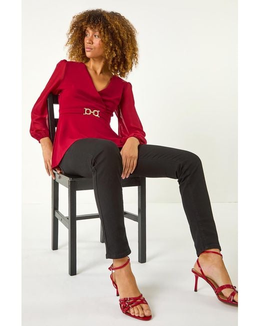 Roman Red Belted Peplum V-Neck Stretch Top
