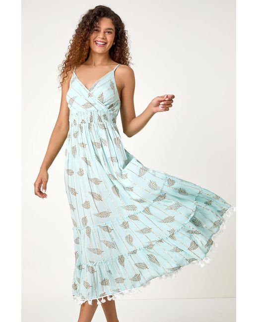 Roman White Metallic Leaf Print Shirred Maxi Dress