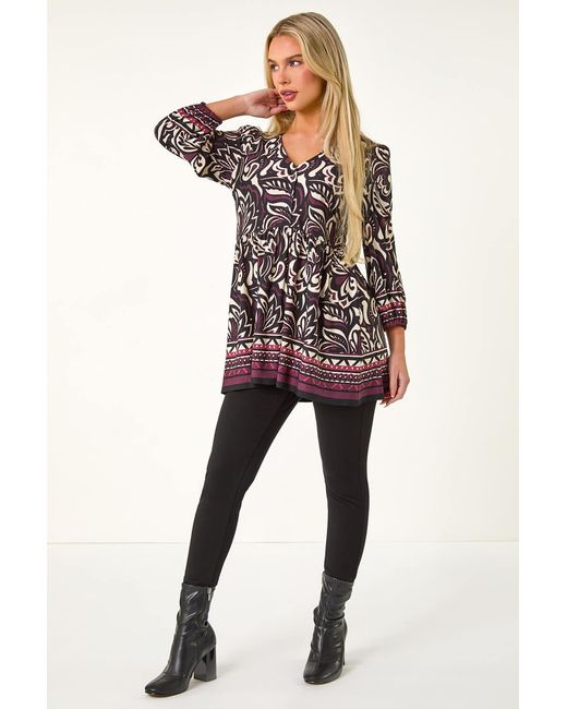 Roman Petite Multicolor Floral V-Neck Tunic Stretch Top