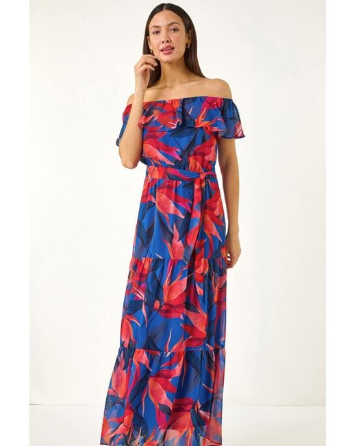 Roman Red Floral Print Bardot Belted Maxi Dress