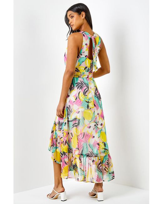 Roman Pink Tropical Print Halter Neck Chiffon Dress