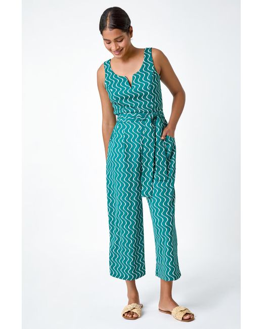 Roman Green Belted Wave Print Cropped Jumpsuit