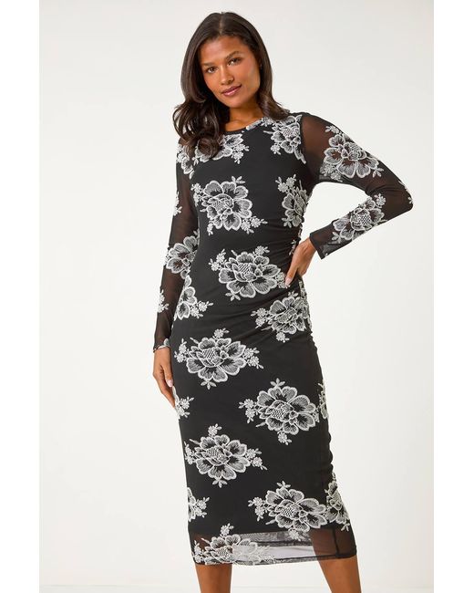 Roman Black Floral Lace Mesh Stretch Midi Dress