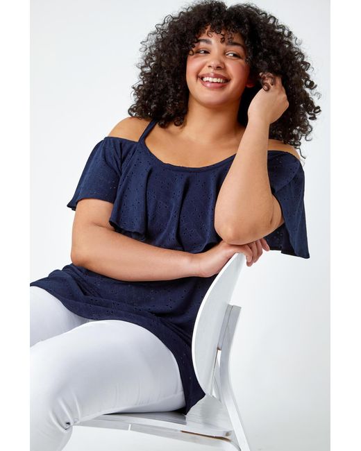 Roman Curve Blue Cold Shoulder Frill Detail Top