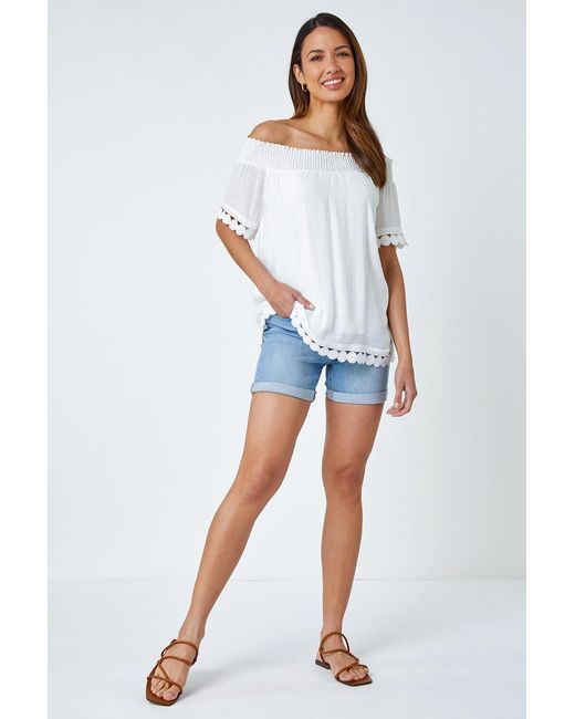 Roman White Lace Detail Shirred Bardot Top
