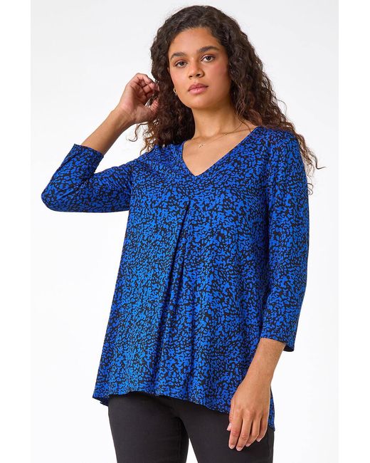 Roman Blue Abstract Print Pleat Front Tunic Top