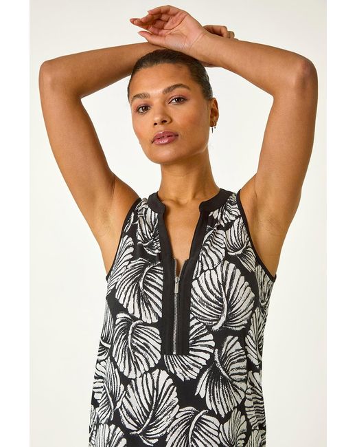 Roman Black Leaf Print Zip Front Stretch Top