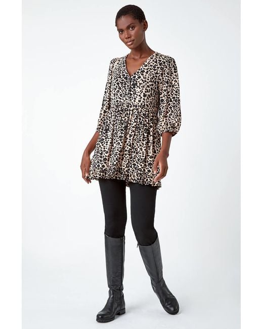 Roman Black Animal Print Stretch Tunic Top
