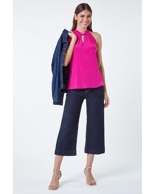 Roman Pink Twist Neck Tie Back Stretch Top