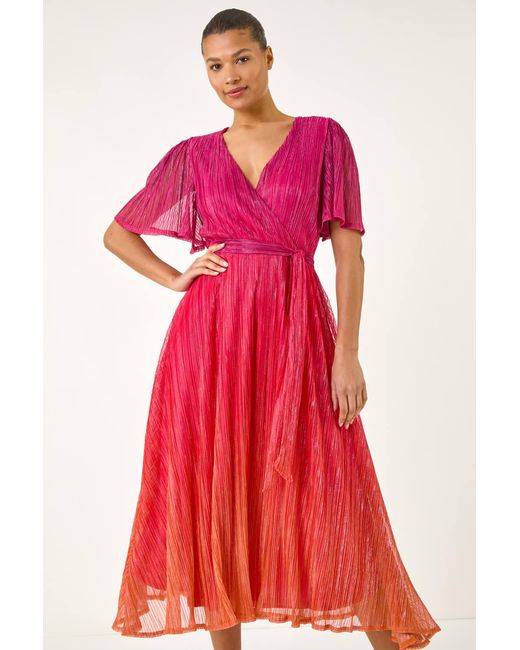Roman Red Ombre Plisse Midi Wrap Dress
