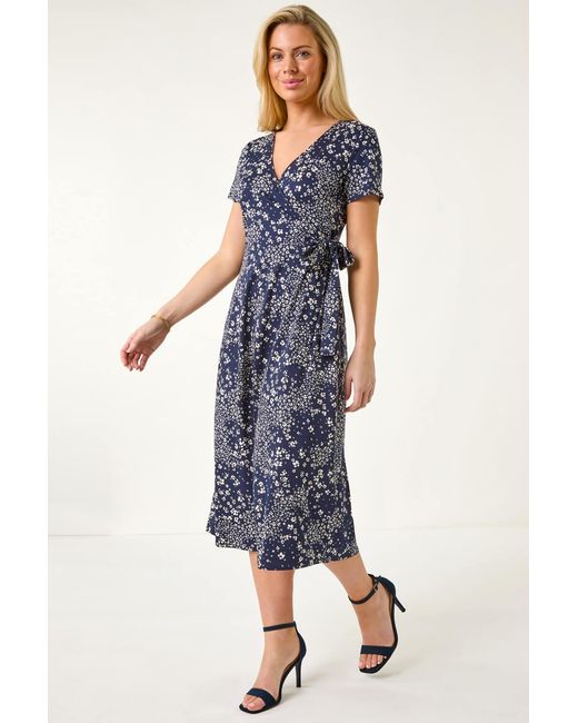 Roman Petite Blue Ditsy Tie Waist Stretch Midi Dress