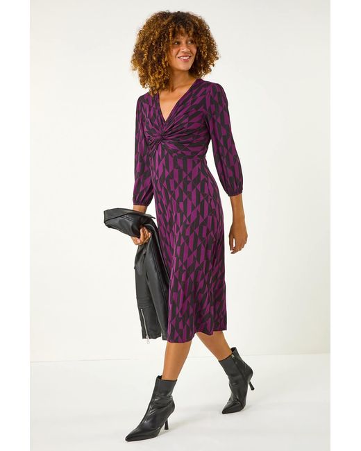 Roman Purple Geometric Print Twist Front Midi Dress