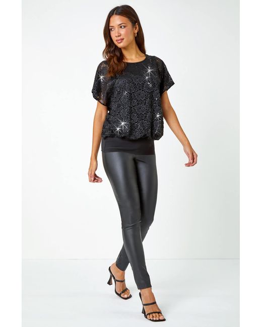 Roman Black Sequin Lace Overlay Stretch Top