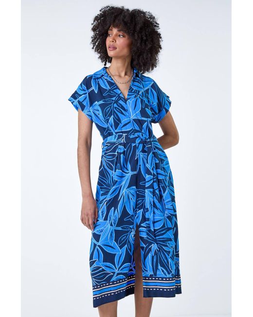 Roman Blue Border Leaf Print Midi Dress