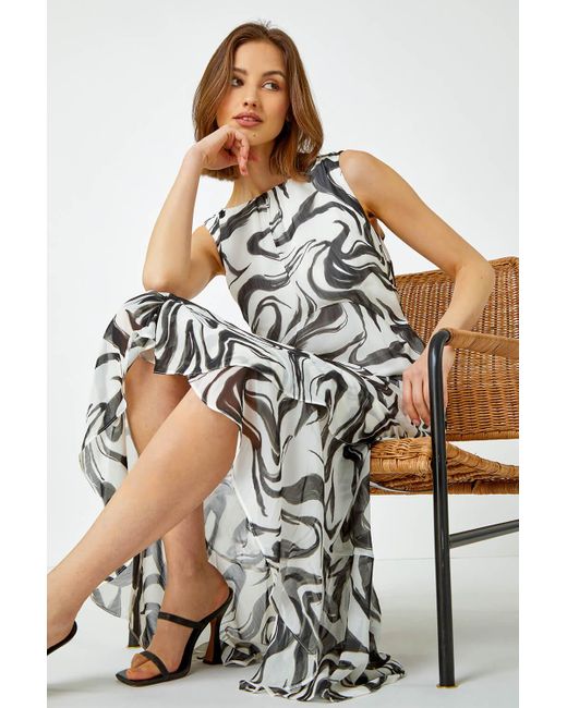 Roman White Swirl Print Chiffon Midi Dress