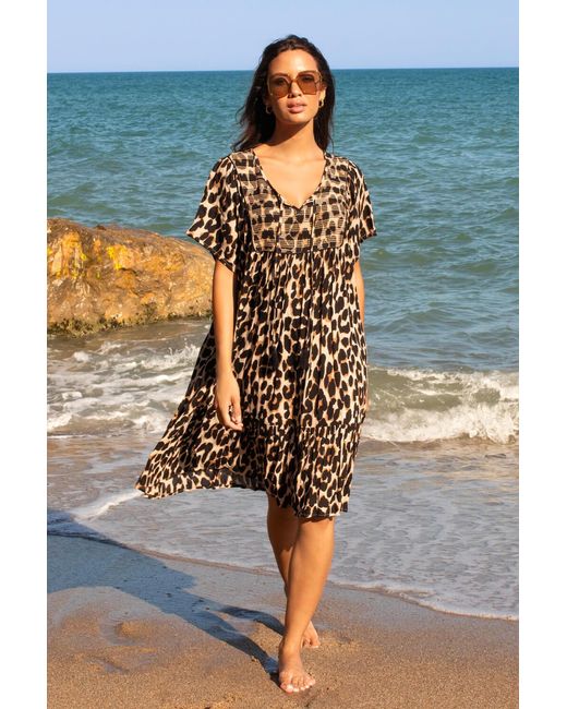 Roman Natural Leopard Print Frill Hem Smock Skater Dress