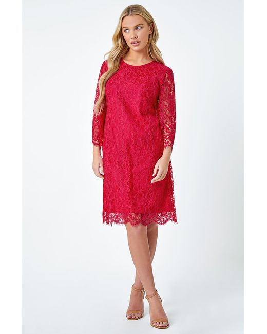 Roman Petite Red Lace Overlay Tunic Dress
