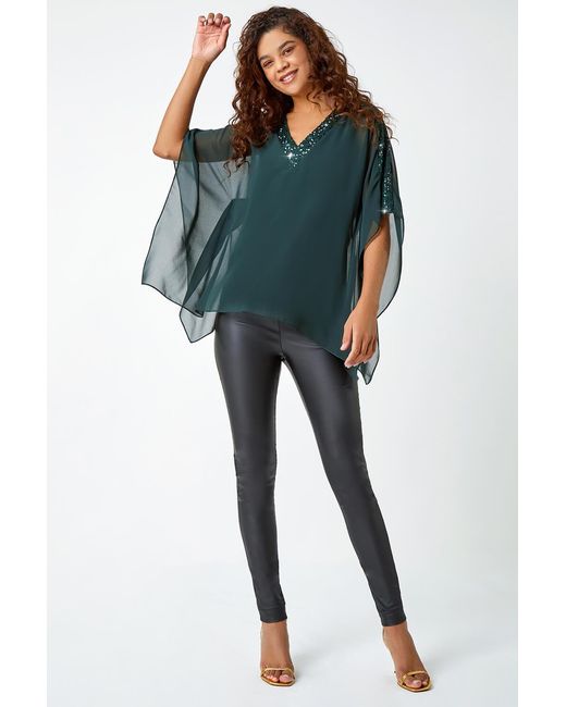 Roman Blue Sequin Trim Chiffon Overlay Tunic Stretch Top
