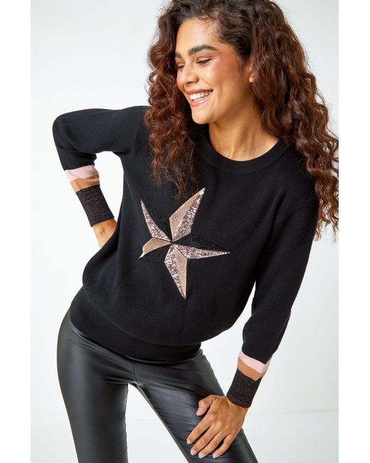 Roman Black Sequin Embellished Star Print Jumper
