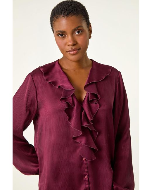 Roman Red Ruffle Front V-Neck Satin Blouse