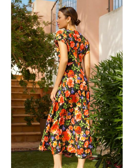 Roman Red Floral Print Fit & Flare Midi Dress