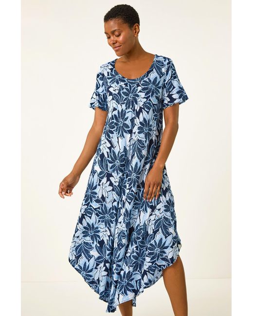 Roman Blue Floral Print Midi T-Shirt Dress