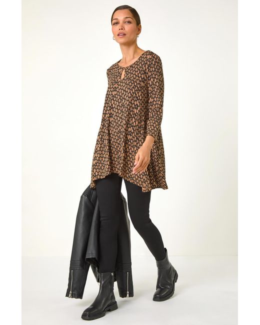 Roman White Abstract Linear Print Cutout Tunic Top