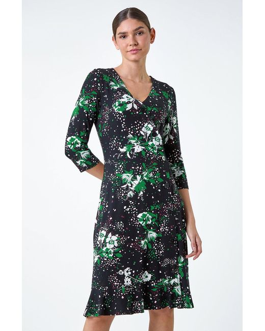 Roman Green Floral Button Frill Dress
