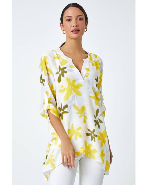 Roman Yellow Floral Print Wrap Hem Tunic Top