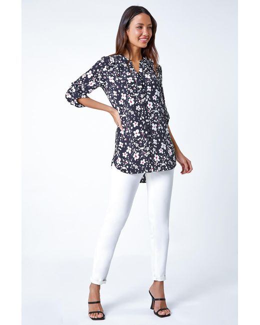 Roman Blue Floral Print Button Through V-Neck Blouse