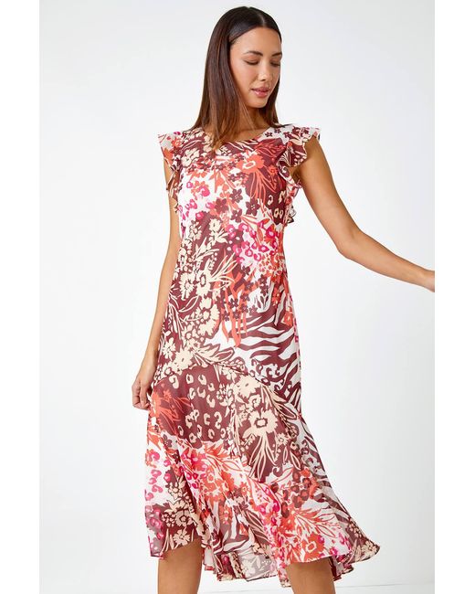 Roman Red Floral Print Chiffon Frill Detail Midi Dress