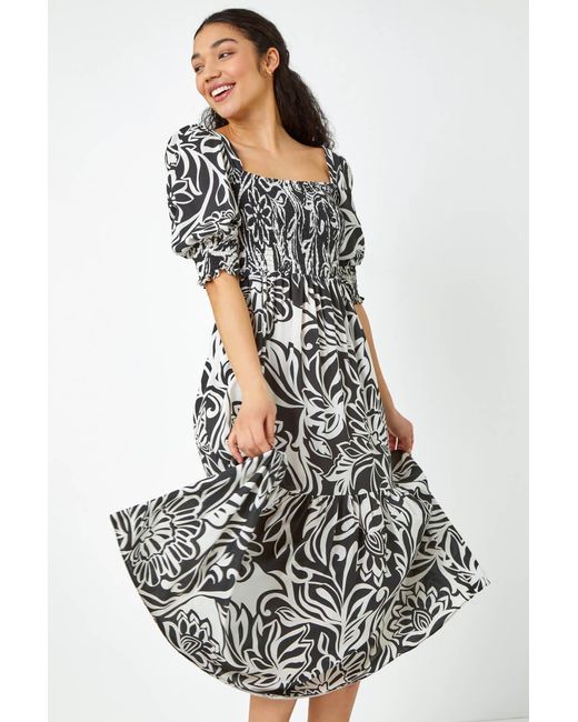 D.u.s.k White Floral Contrast Print Midi Dress