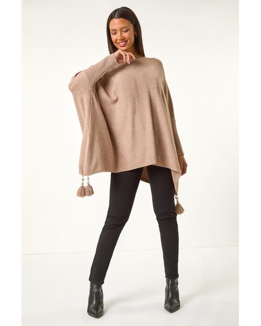Roman Natural Sparkle Embellished Tassel Poncho