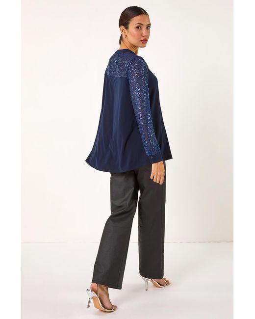 Roman Blue Embellished Sequin Stretch Blouse