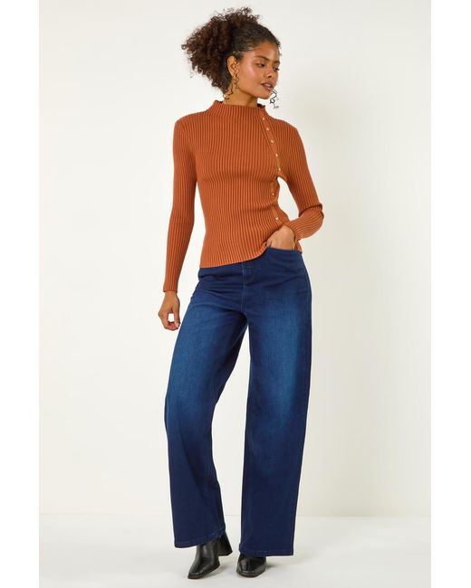 D.u.s.k Brown High Neck Button Detail Rib Jumper
