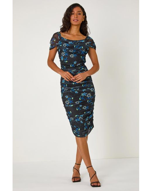 D.u.s.k Blue Ruched Mesh Stretch Dress